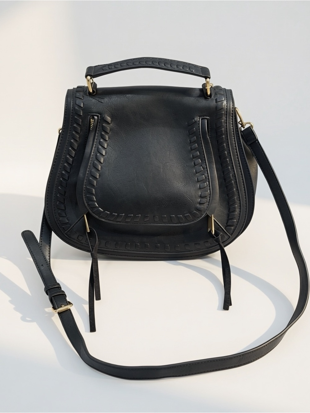 Urban Expressions Black Vegan Leather Whipstitch Crossbody Satchel NWT